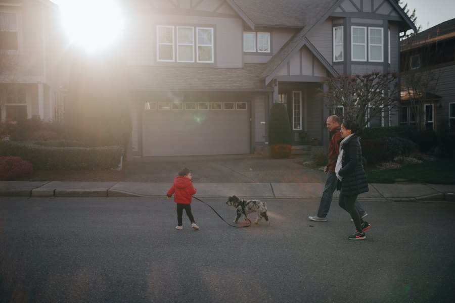 Родители гуляют с ребенком и с собакой
